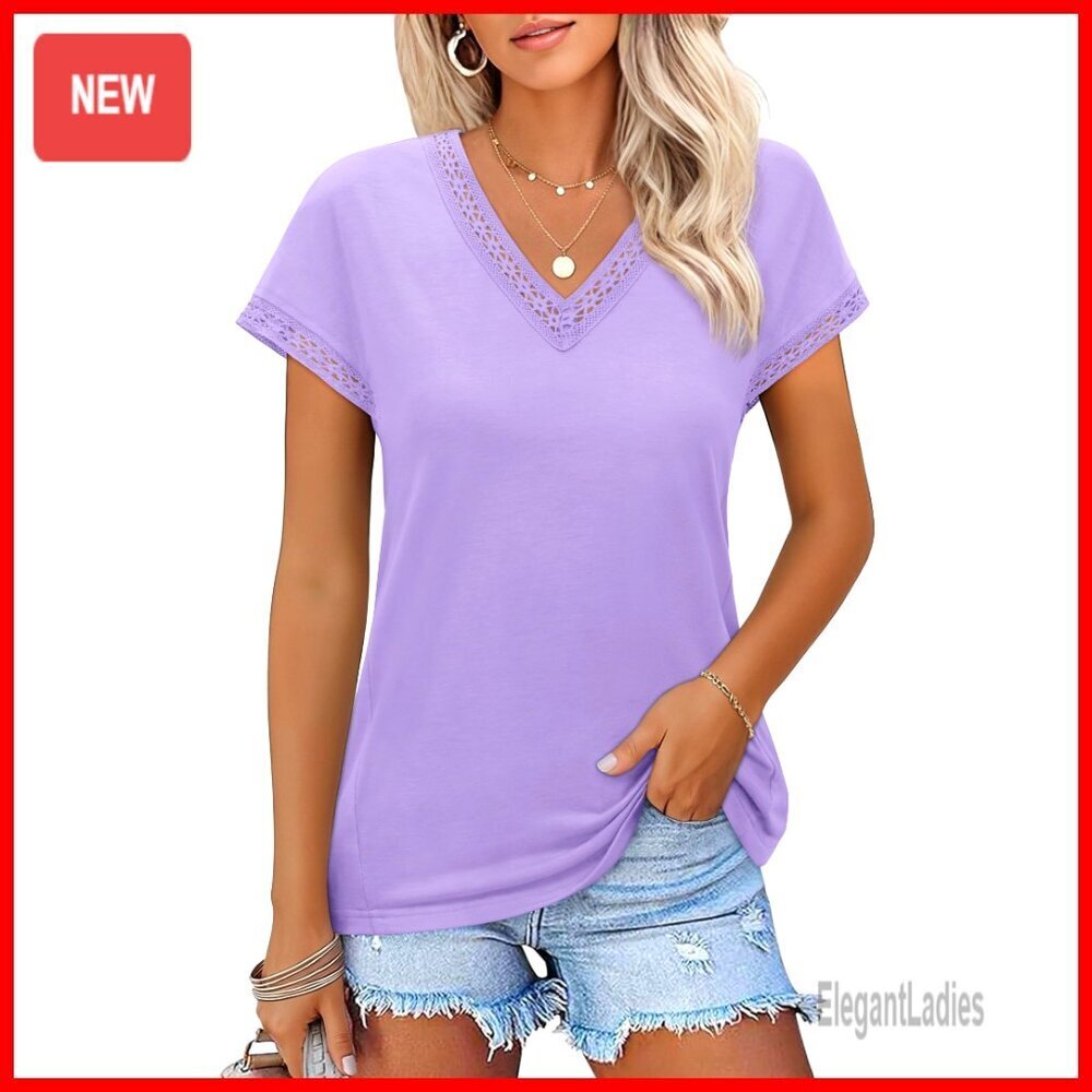 Cap Sleeve Lace V-Neck Blouse, Soft Lightweight Fabric, Boho Casual Summer Top